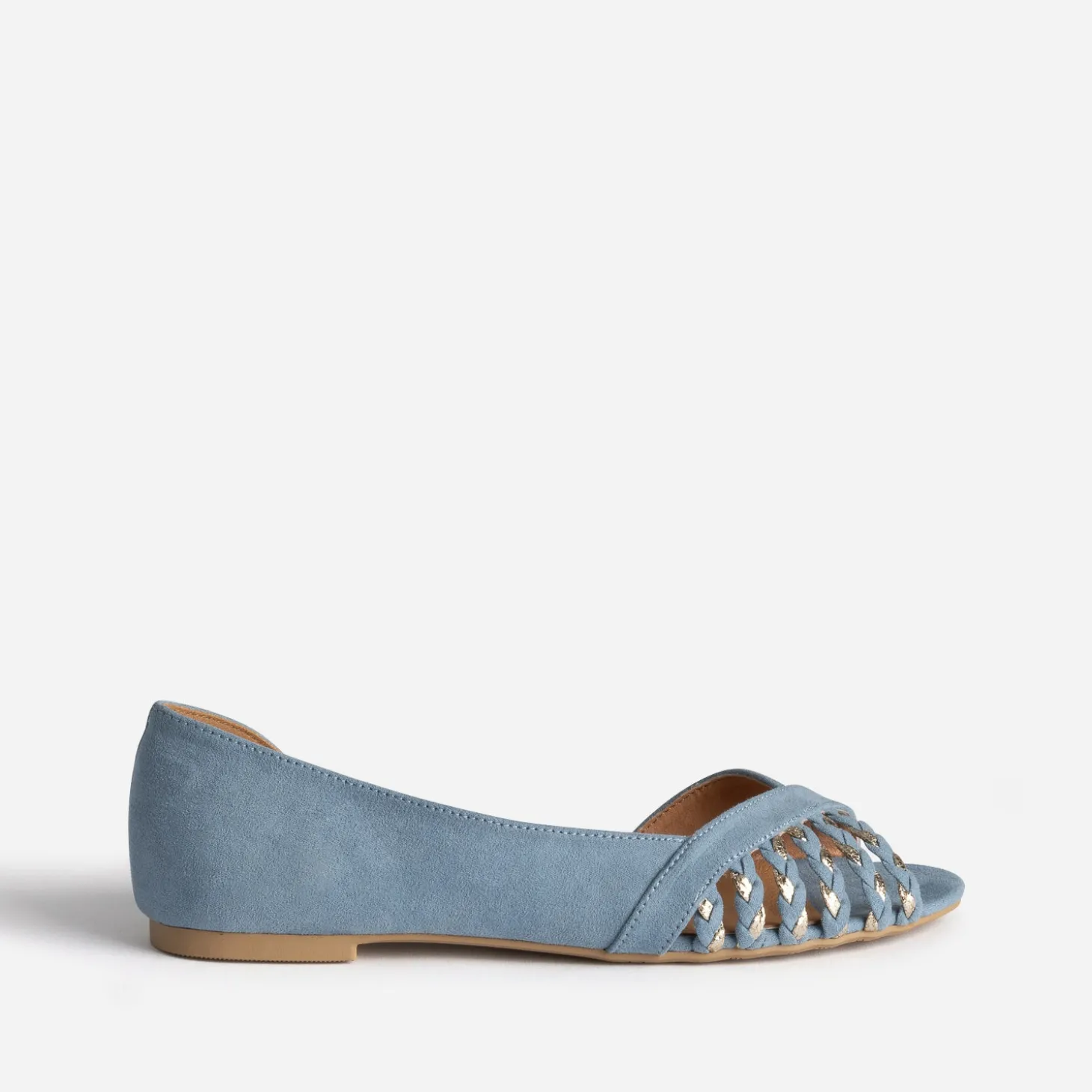 Ballerine bleu pastel suédée et dorée open-toe