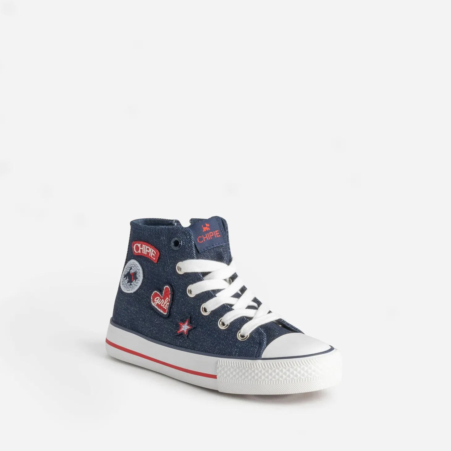 Basket CHIPIE en jean brut pailleté avec patchs