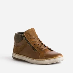 Basket cognac cuir empiècement textile