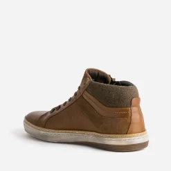 Basket cognac cuir empiècement textile