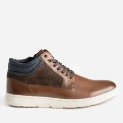 Basket cognac en cuir et textile marine