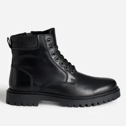 Boots à lacet noir cranté en cuir