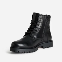 Boots à lacet noir cranté en cuir