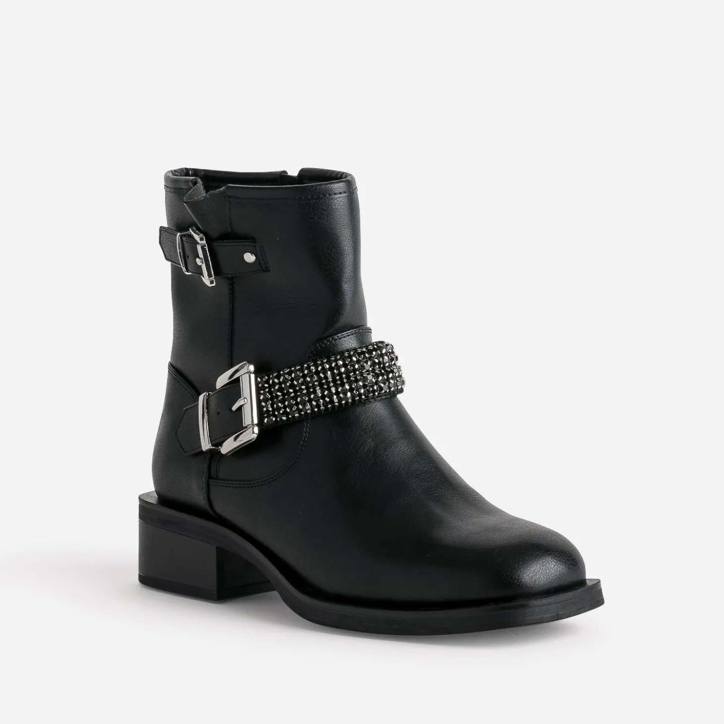 Boots motard TEXTO noir bride décor strass
