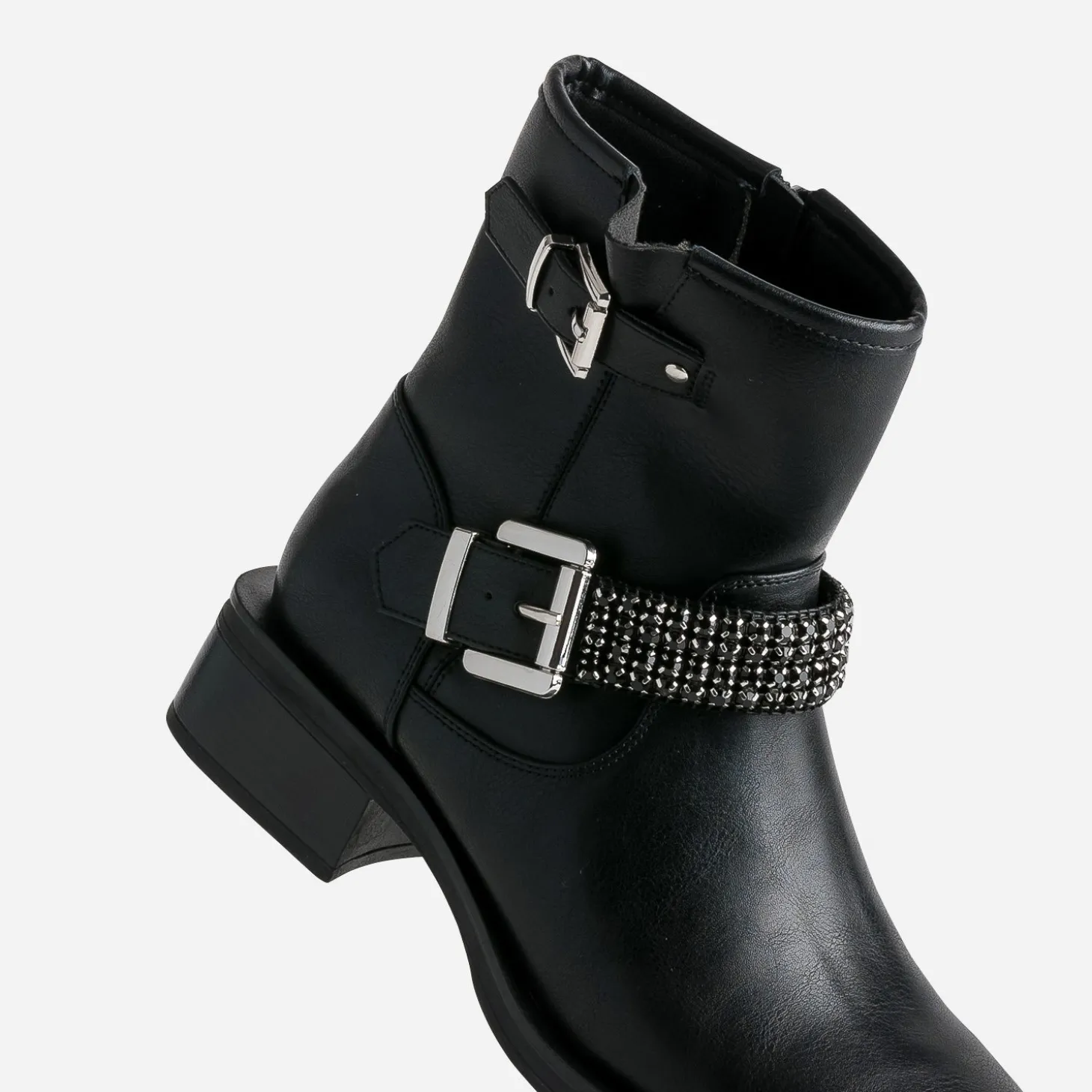 Boots motard TEXTO noir bride décor strass