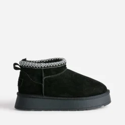 Boots noir cuir velours fourré à plateforme