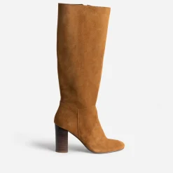 Botte à talon cognac en cuir velours