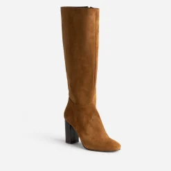 Botte à talon cognac en cuir velours