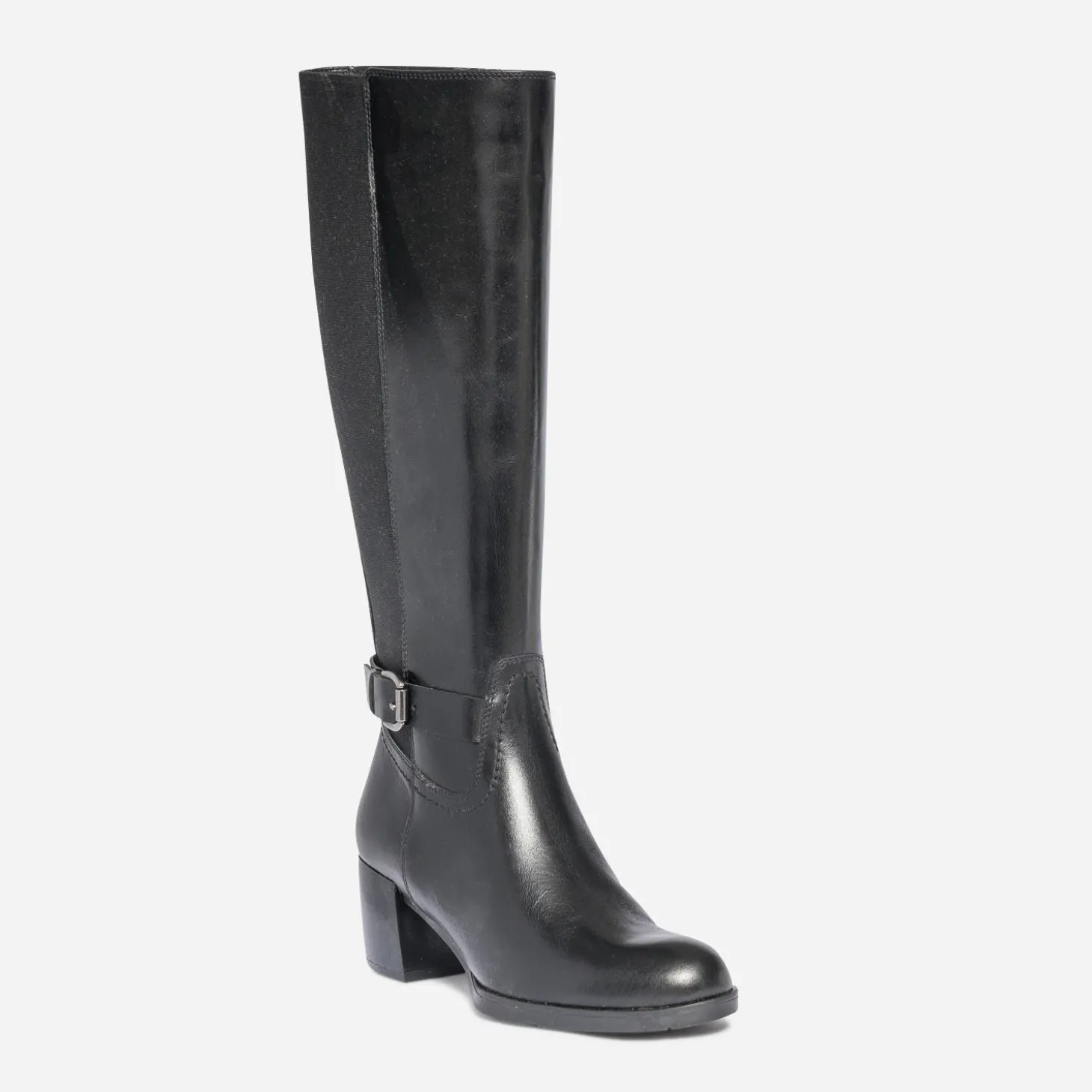 Botte à talon noire en cuir pour mollet large