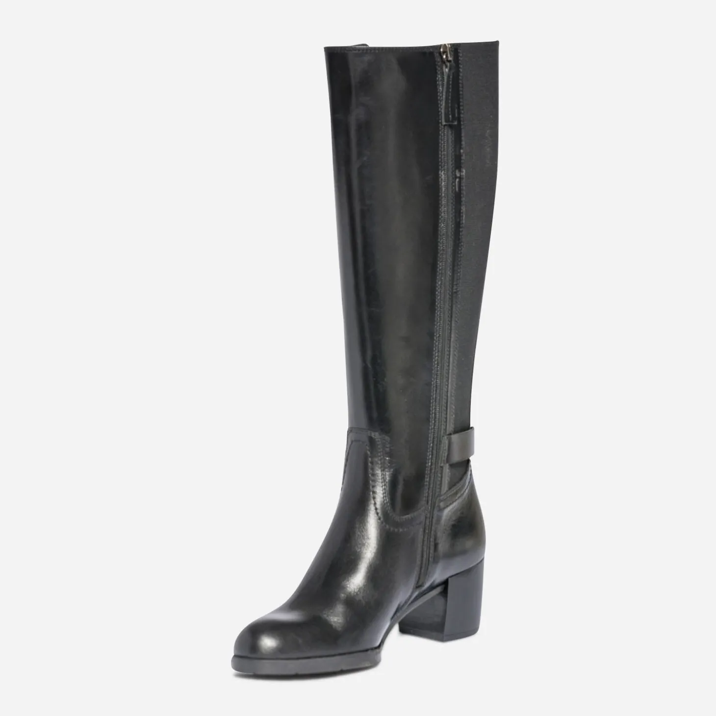 Botte à talon noire en cuir pour mollet large