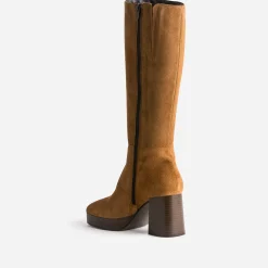 Botte cognac en cuir à plateforme pour mollets fins