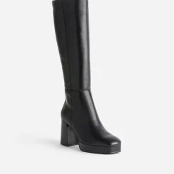 Botte noire en cuir à plateforme pour mollets fins