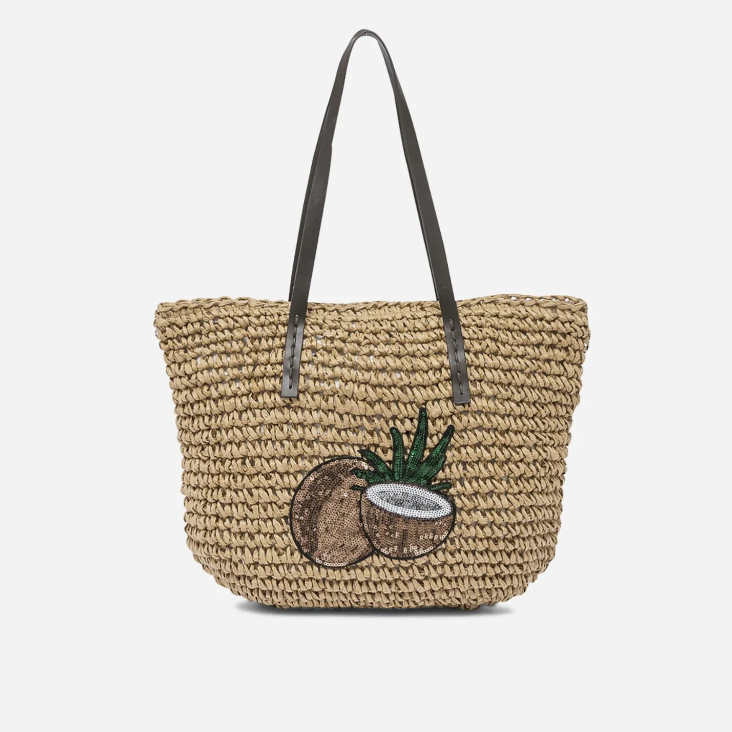Cabas beige effet raphia à patch noix de coco