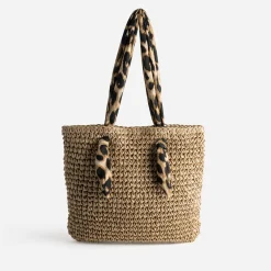 Cabas beige foncé paille papier anses-foulard