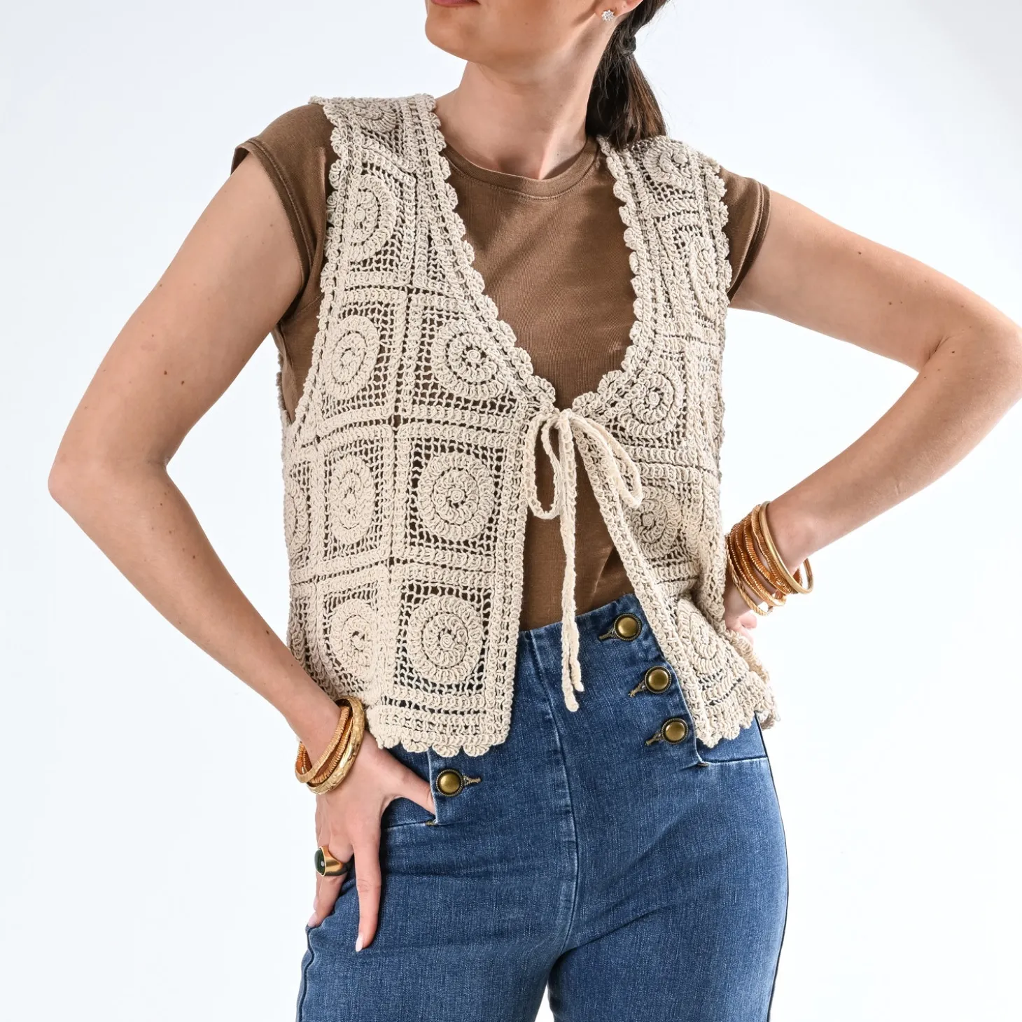 Cardigan sans manches TEXTO beige crochet