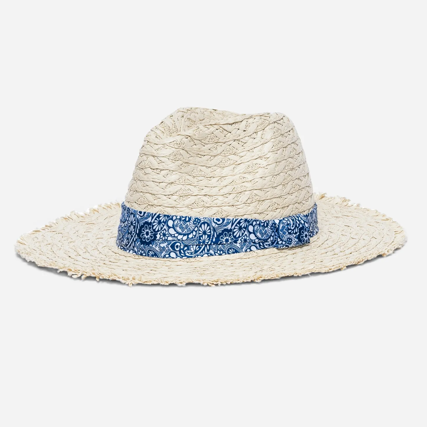 Chapeau beige en paille à galon marine cachemire