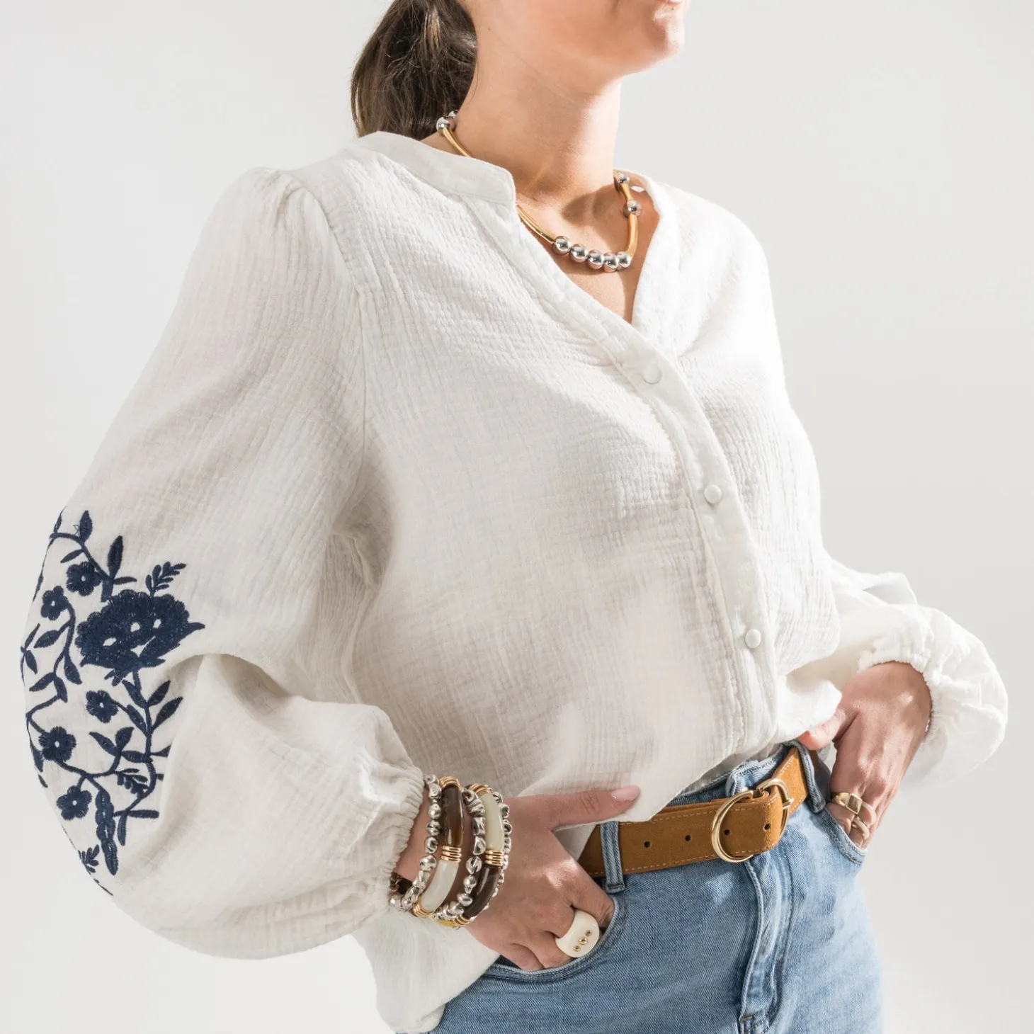 Chemise TEXTO écrue broderies marine