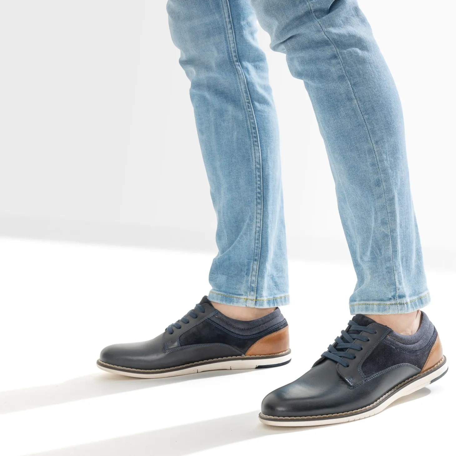 Derby confort marine mix cuir et textile