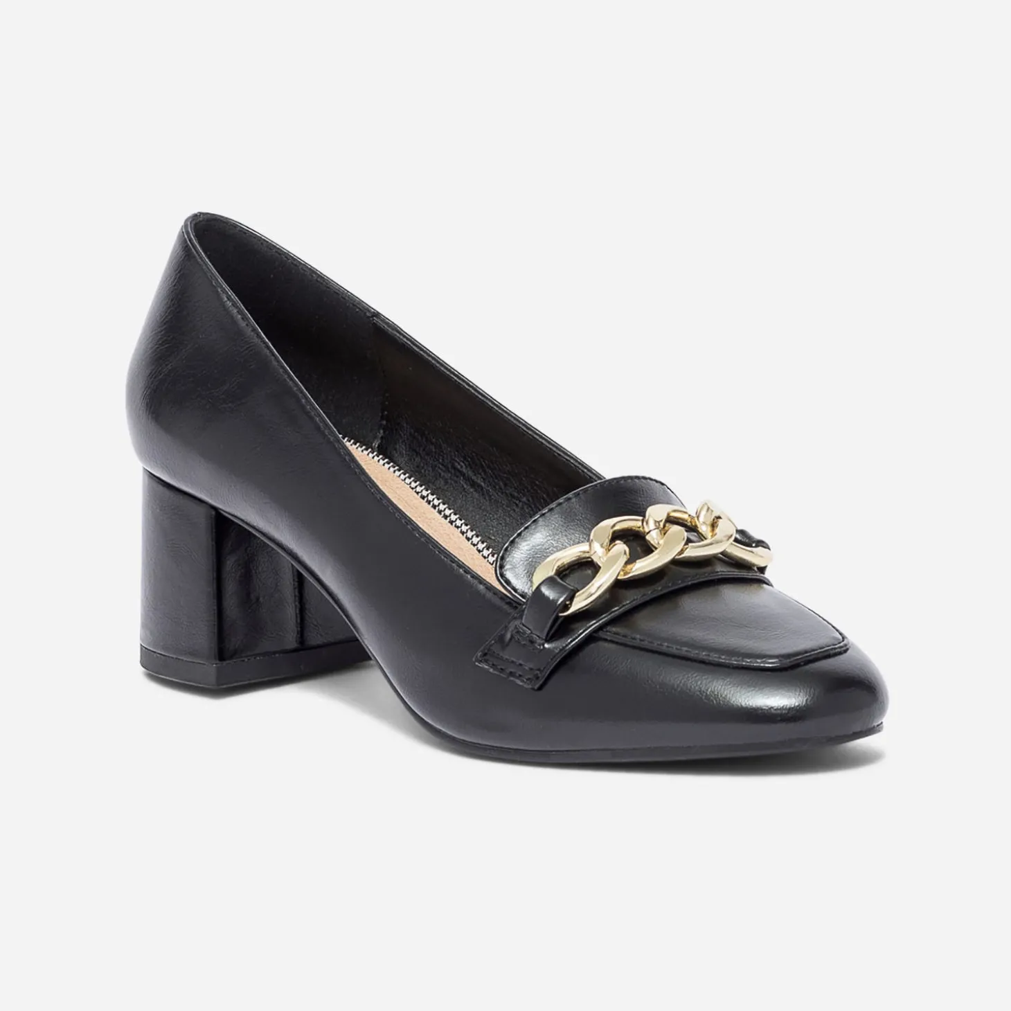 Escarpin noir à talon et chaîne-bijou