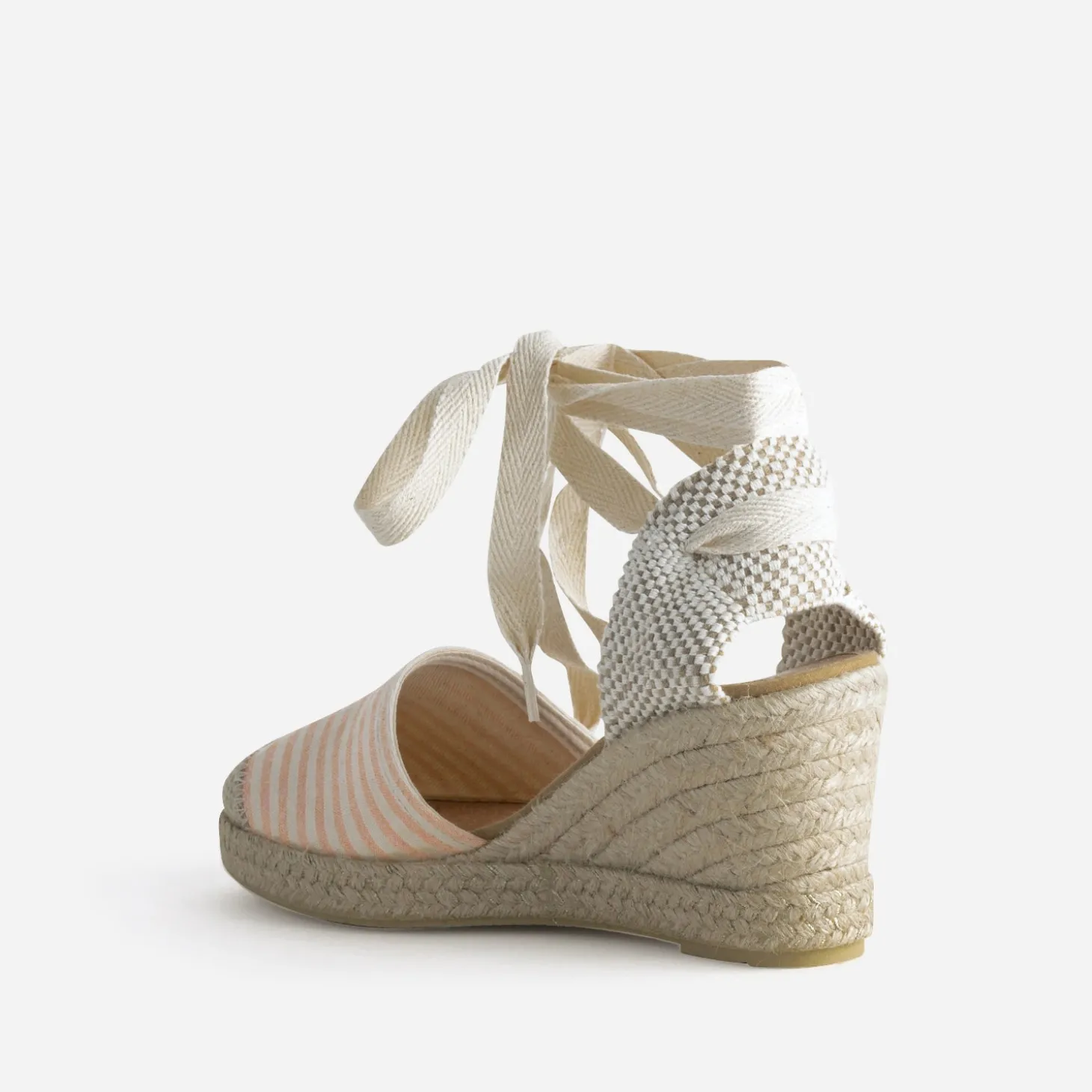Espadrille compensée écrue toile rayée corail