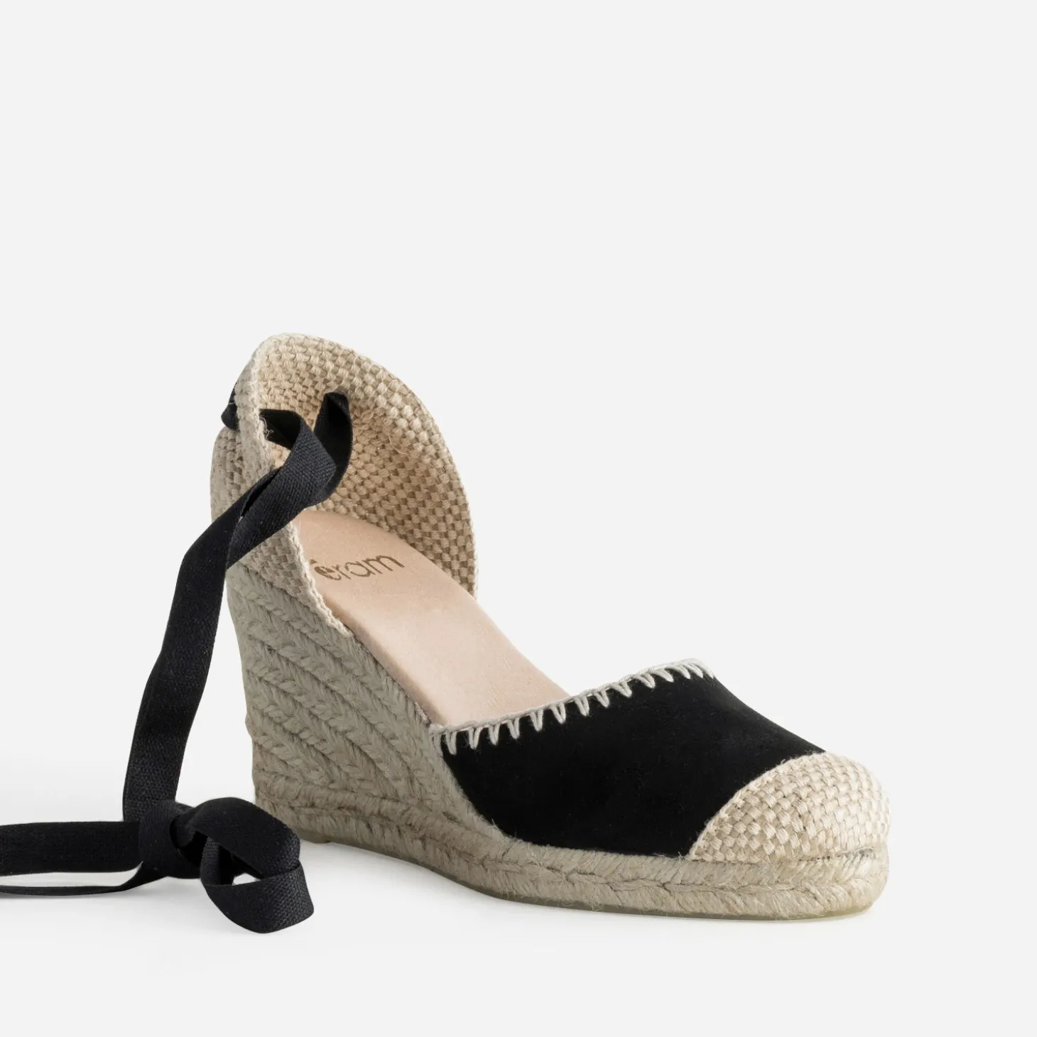 Espadrille compensée noire cuir velours brodé