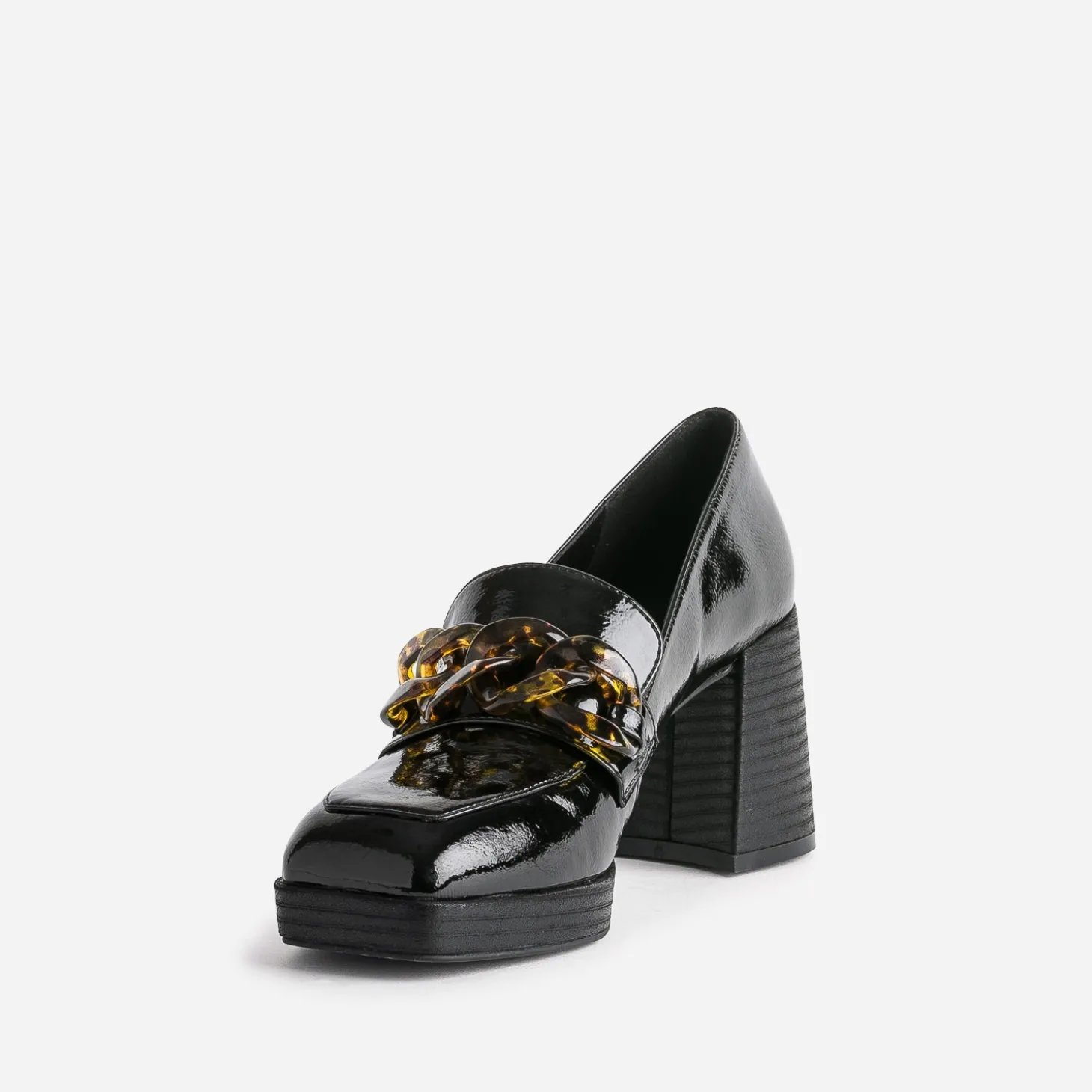Mocassin à talon noir verni avec maxi chaîne