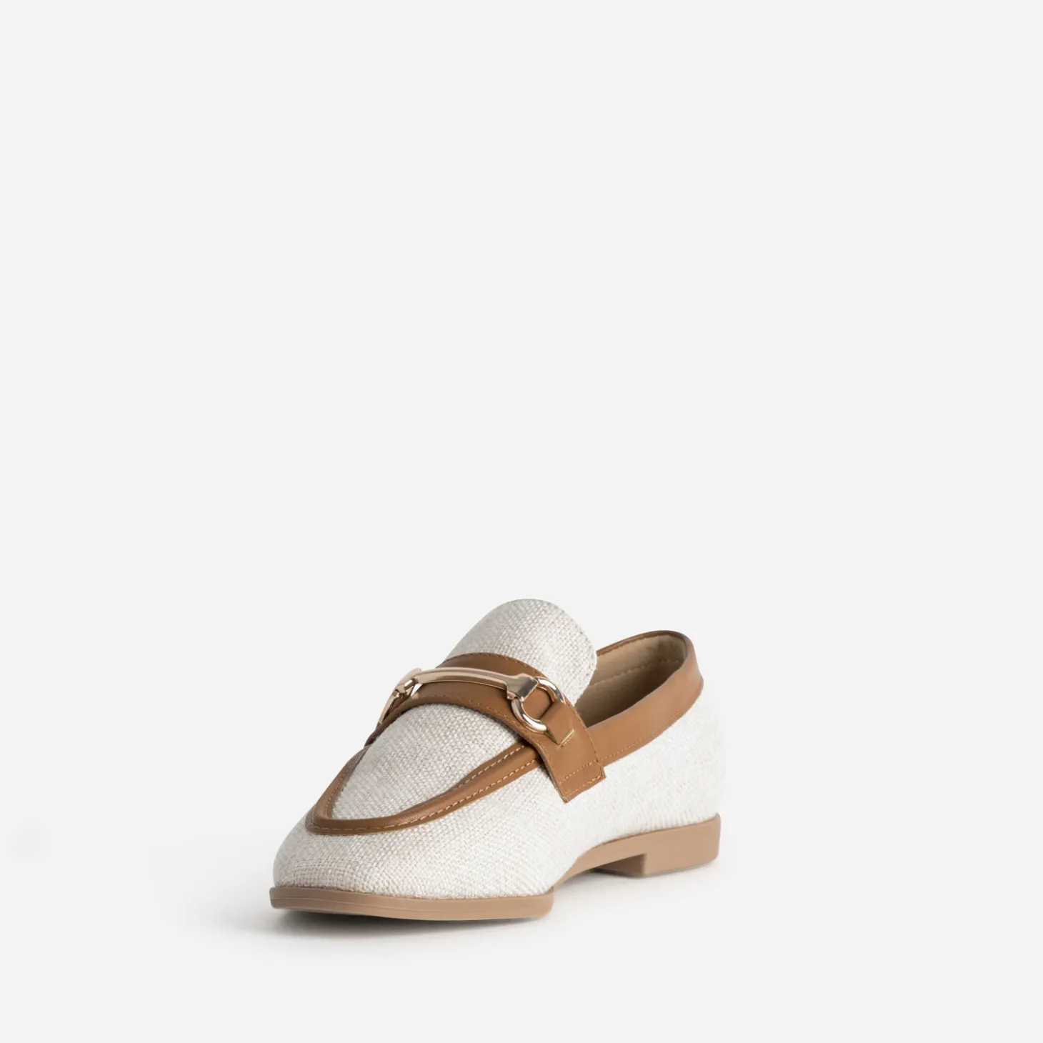 Mocassin bi-matière beige lin et cognac
