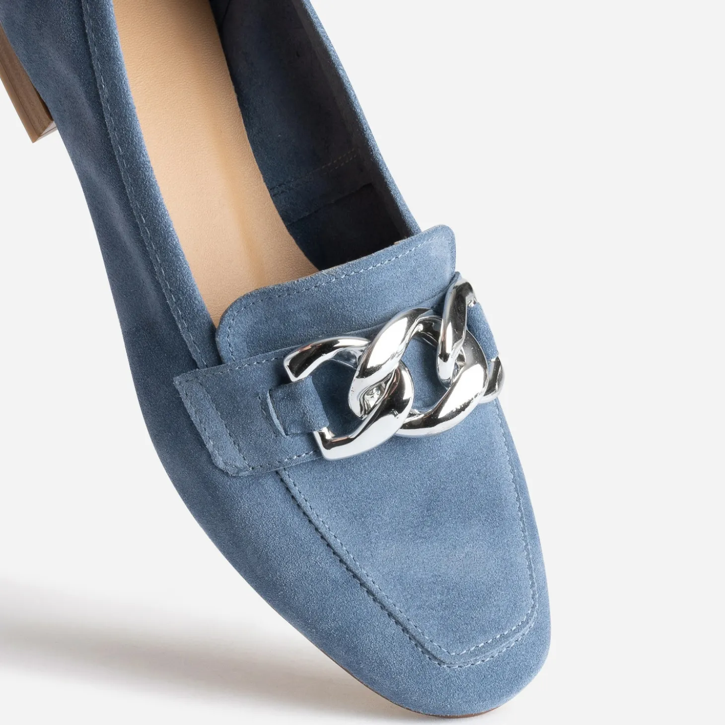 Mocassin bleu cuir velours maxi chaîne argentée