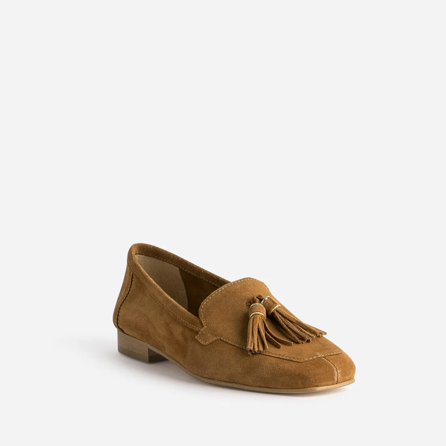 Mocassin camel cuir velours à pampilles