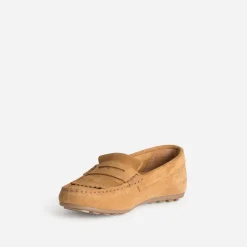 Mocassin camel cuir velours à franges
