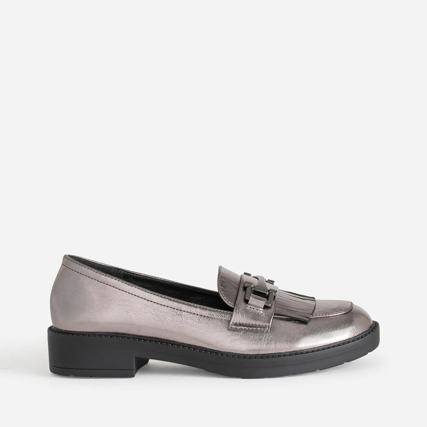 Mocassin gris foncé métallisé à franges