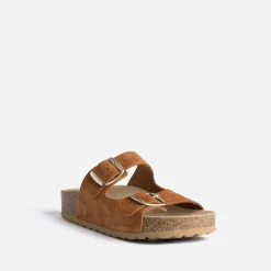 Mule anatomique camel cuir velours à plateforme