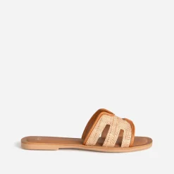Mule beige effet raphia bords camel cuir