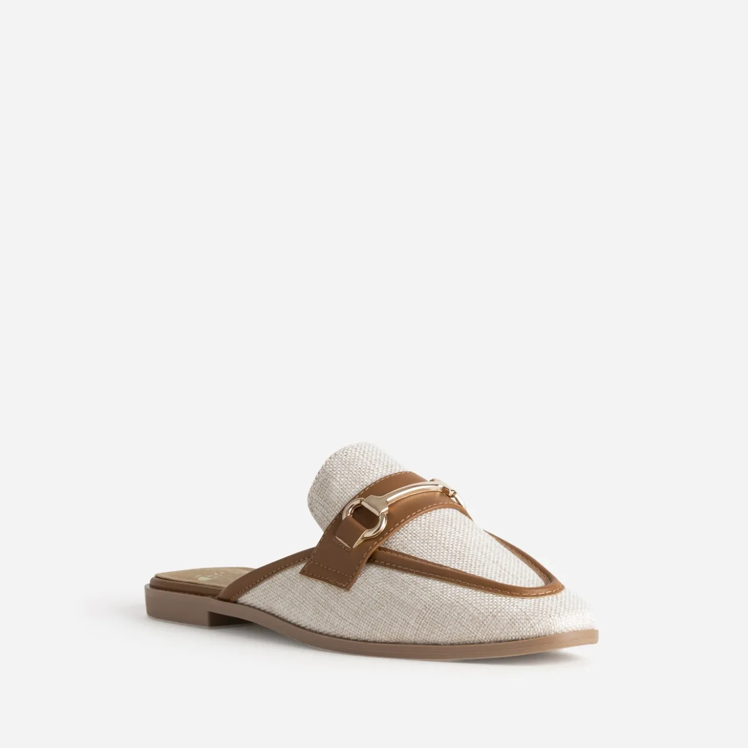 Mule bi-matière beige lin bordé cognac