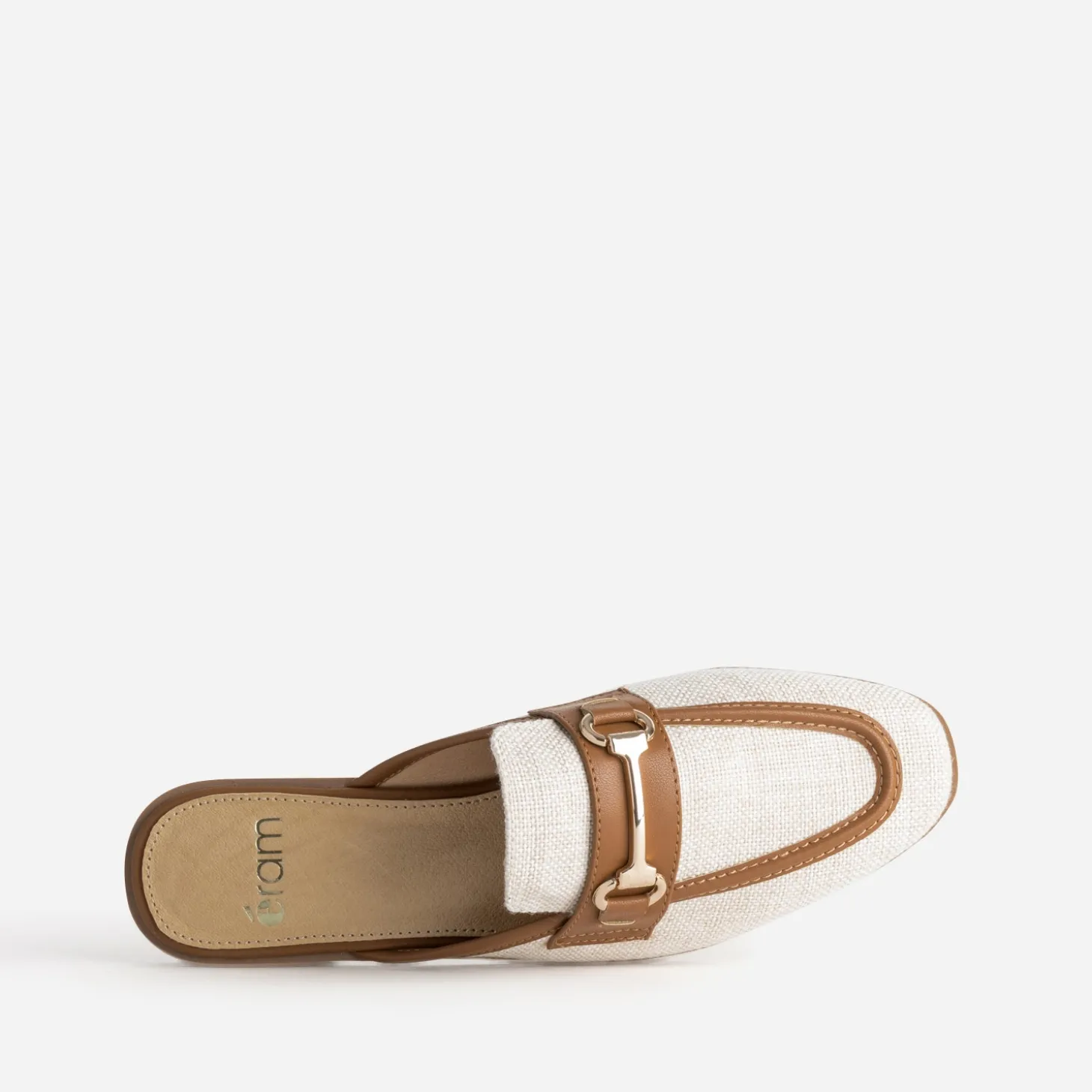 Mule bi-matière beige lin bordé cognac