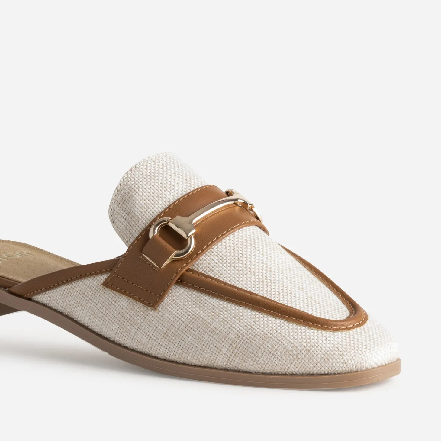 Mule bi-matière beige lin bordé cognac