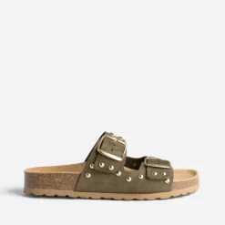 Mule TEXTO anatomique kaki en cuir velours éco-conçu à clous