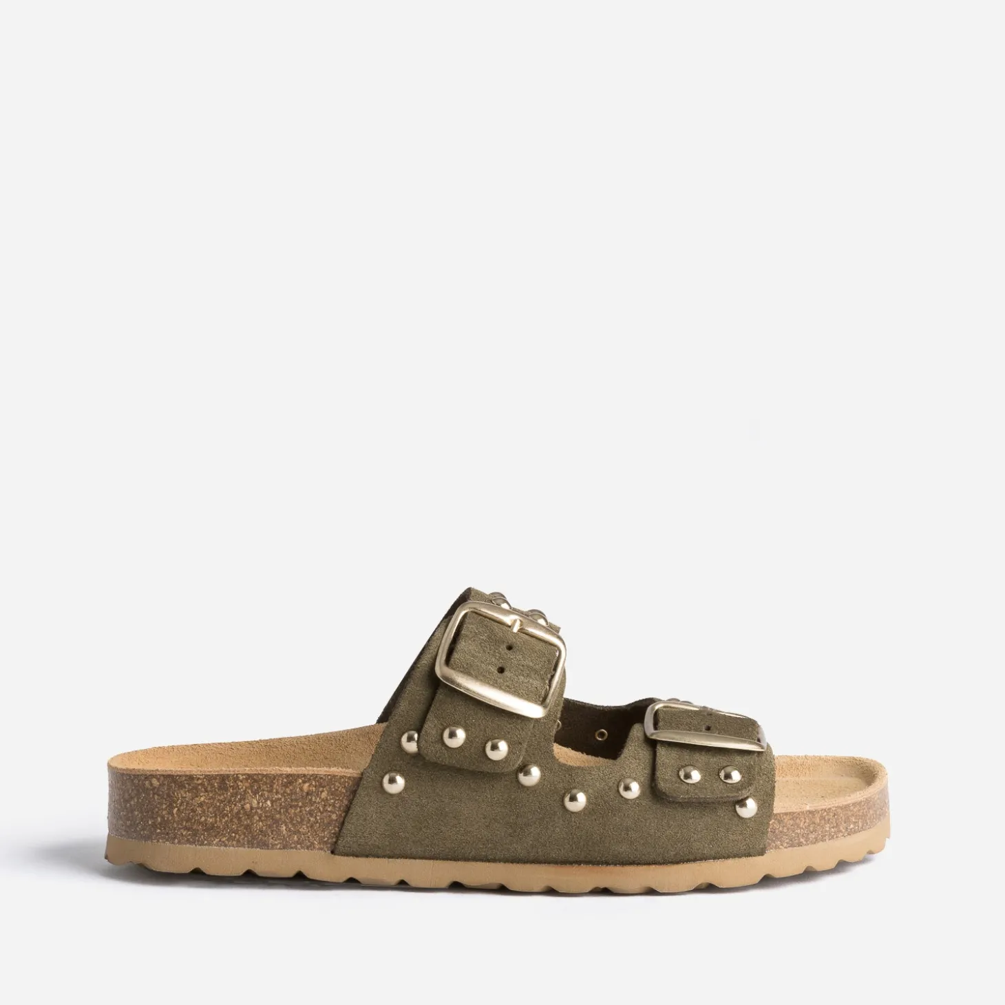 Mule TEXTO anatomique kaki en cuir velours éco-conçu à clous