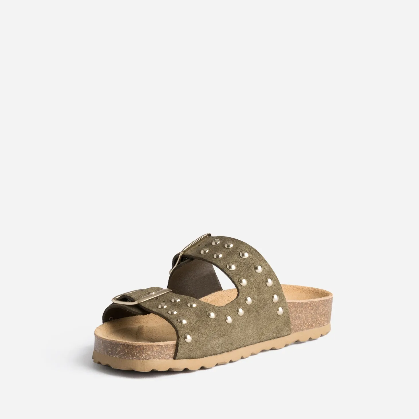 Mule TEXTO anatomique kaki en cuir velours éco-conçu à clous