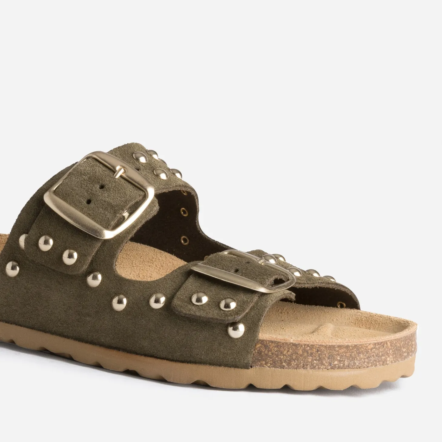 Mule TEXTO anatomique kaki en cuir velours éco-conçu à clous