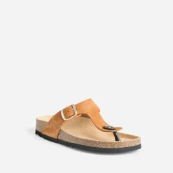 Mule-tong anatomique camel foncé en cuir velours éco-conçu