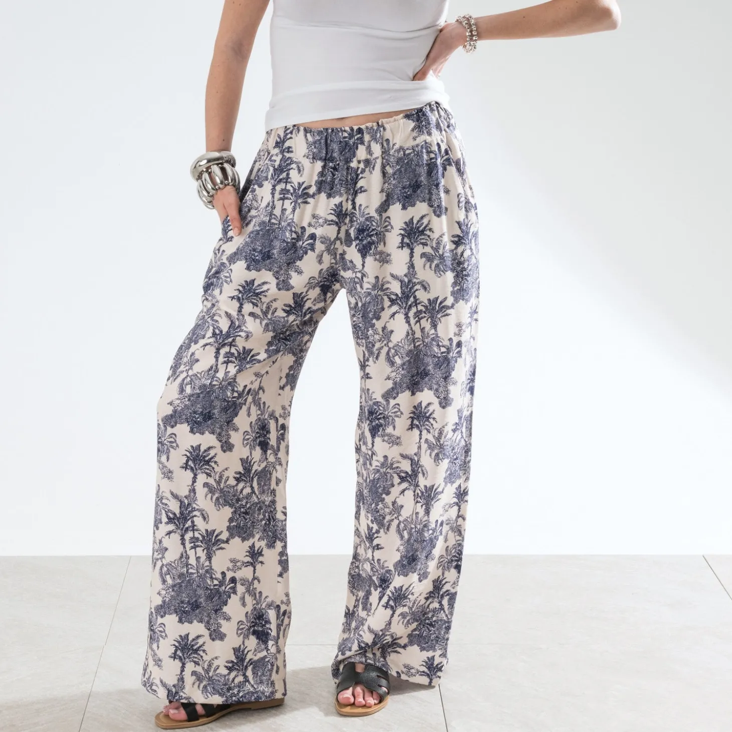 Pantalon TEXTO écru imprimé palmiers