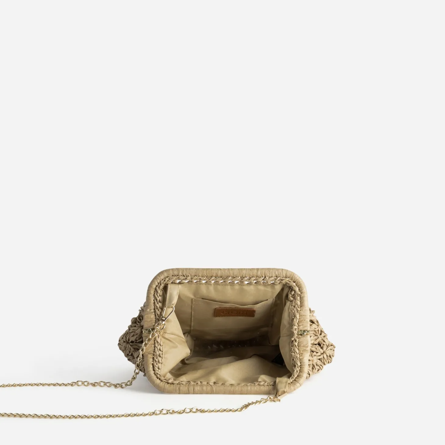 Pochette minaudière beige façon raphia tressé