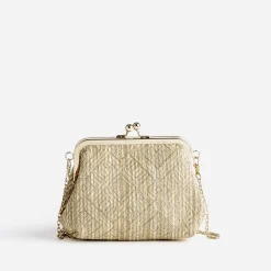 Pochette minaudière paille écru brodé or