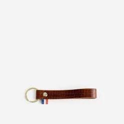 Porte-clés marron en cuir embossé effet croco
