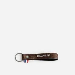 Porte-clés marron irisé en cuir gravé