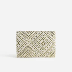 Portefeuille écru tressage kaki et doré