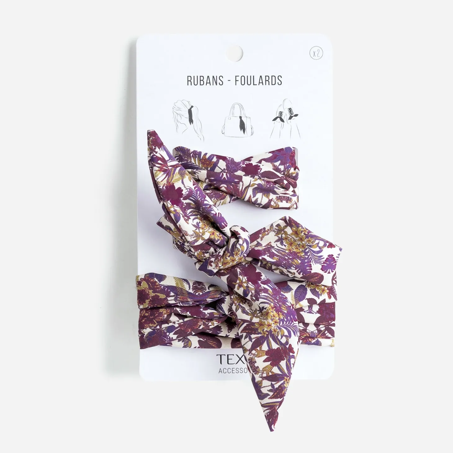 Rubans-foulards TEXTO prune à imprimé fleuri