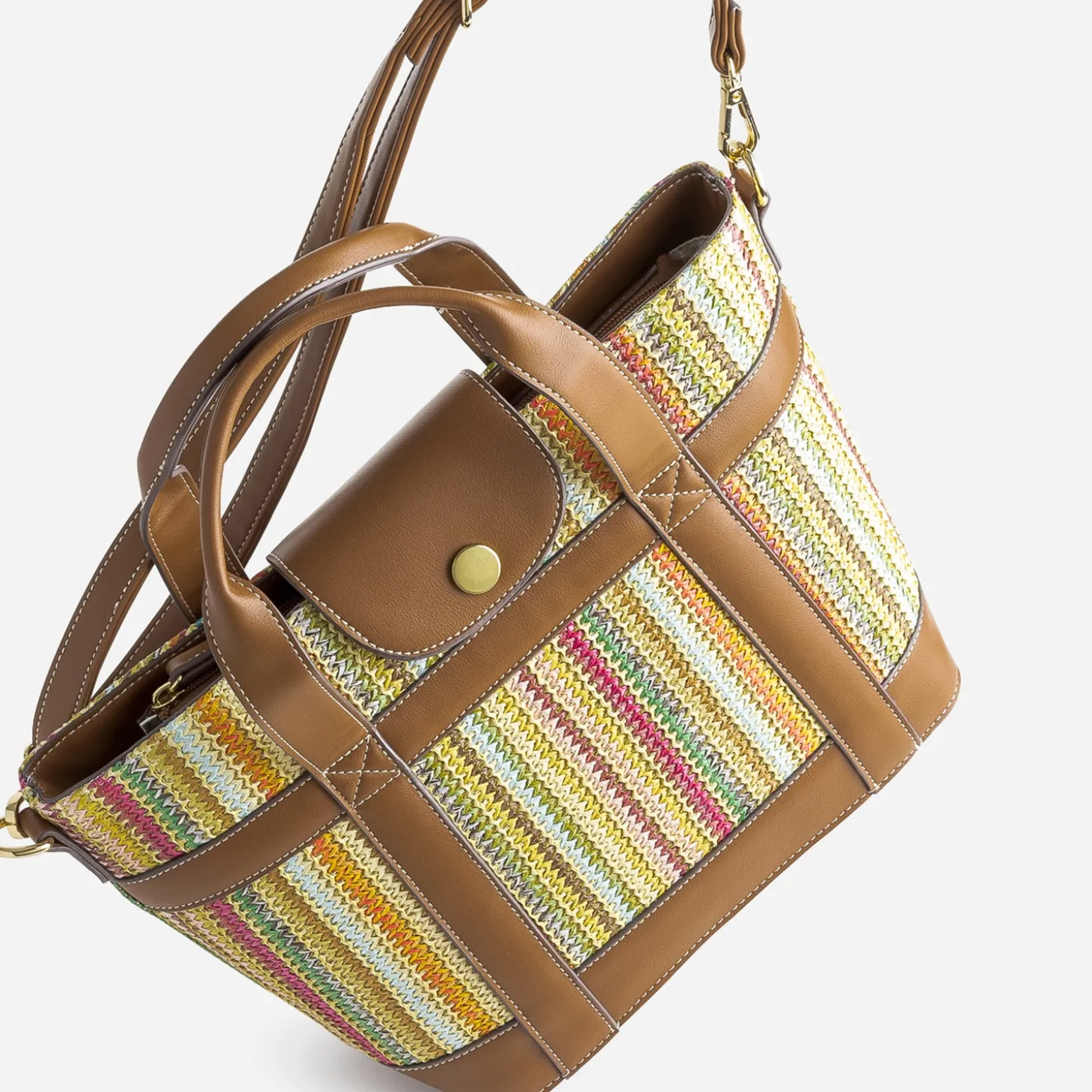 Sac à main camel et tressage multicolore