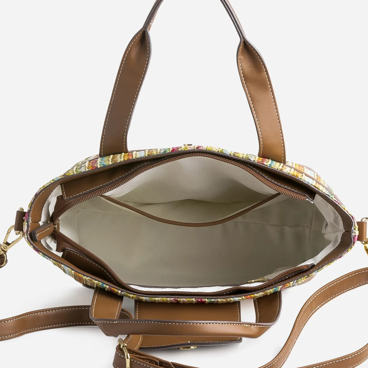 Sac à main camel et tressage multicolore